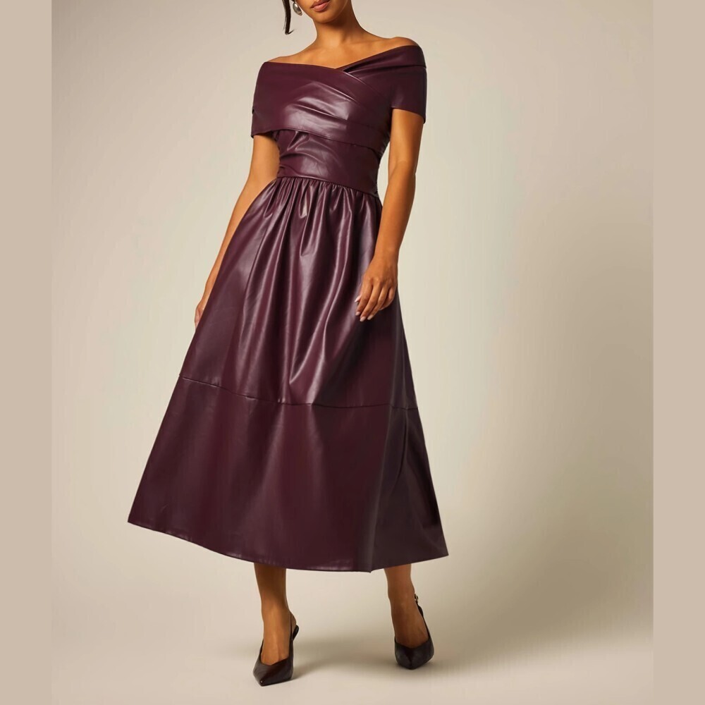 Burgundy Faux Leather Off Shoulder Fit and Flare Midi Dress